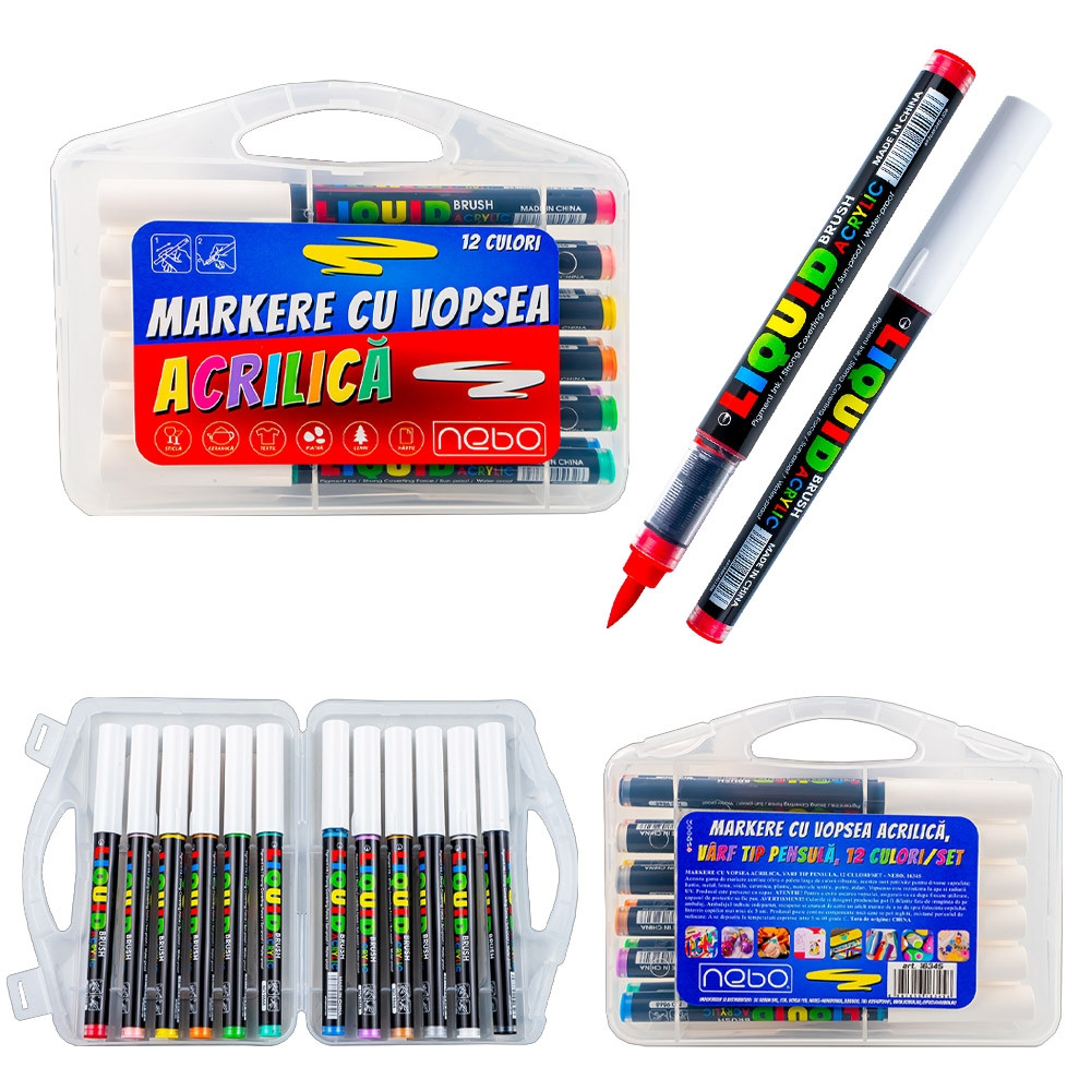 Marker vopsea acrilica, set 12 culori, varf tip pensula, pentru diferite suprafete - imagine 6